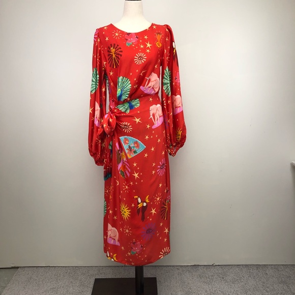 Farm Rio Lotus Star Red / Multi Midi Dress w/ beaded fringe belt- Small - Picture 4 of 15